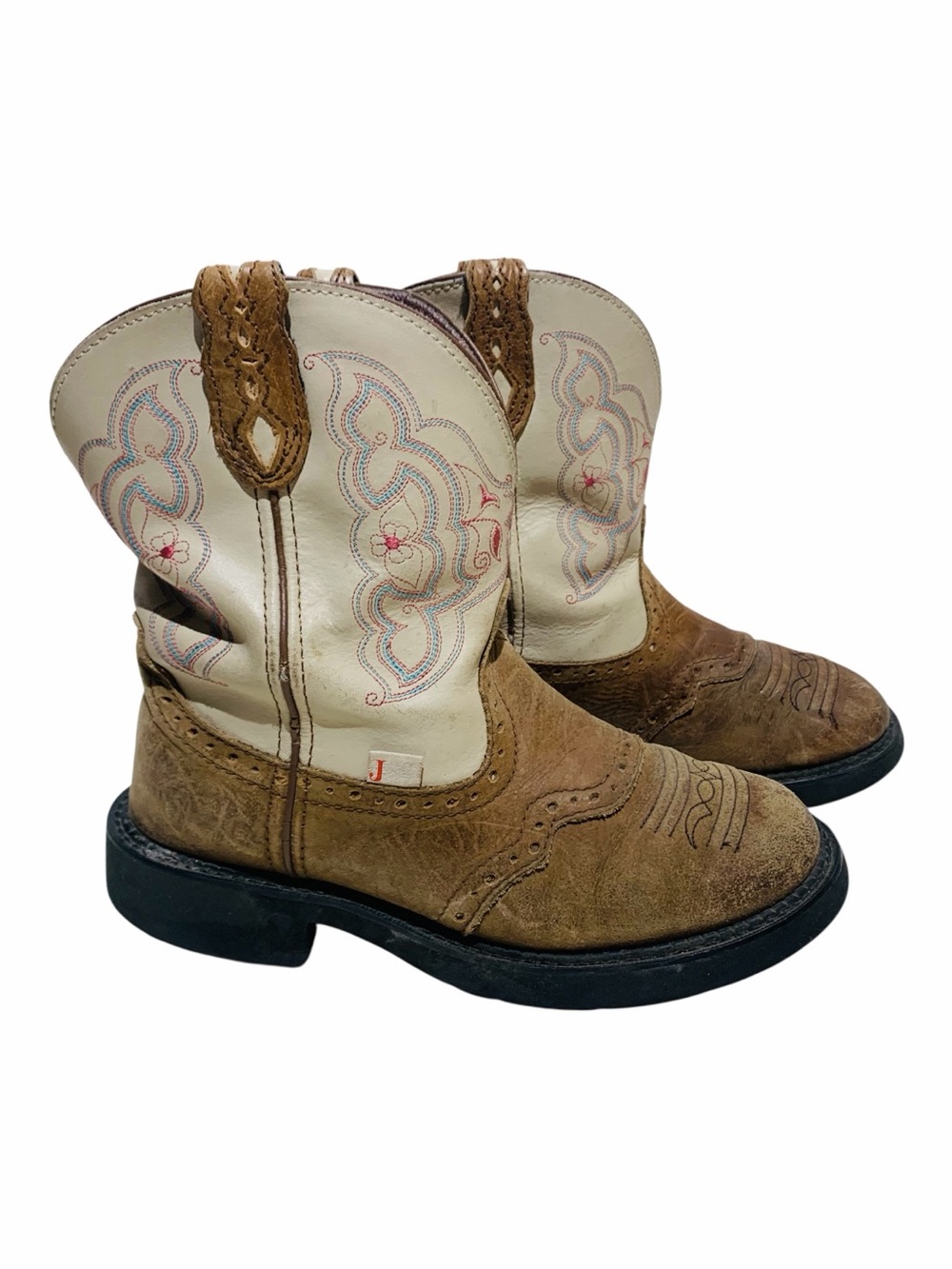 Justin Boots Tan Suede & Cream Embroidered Western Kids Boots